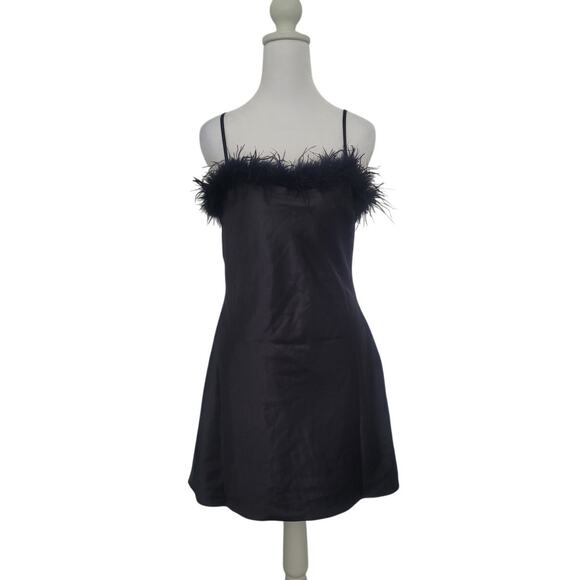 Thirty Thirty Feather Trim Low Back Satin Slip Dress Sz S Black Goth Witchy Sexy - Picture 1 of 7